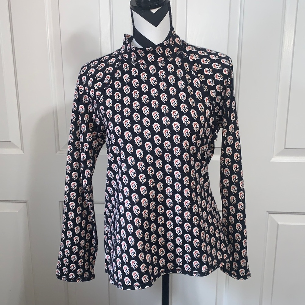 Garnet Hill Navy Long-Sleeve Swim Top with Pink & White Floral Print